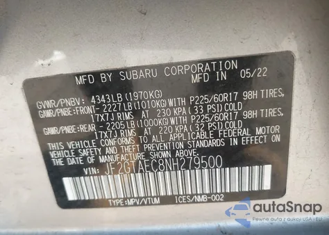 2022 Subaru Crosstrek Premium из США, поврежденный, VIN JF2GTAEC8NH279500